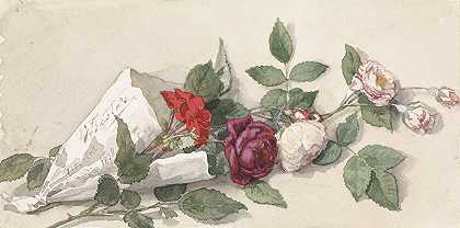 一束玫瑰和天竺葵`Boeket rozen en pelargonium (1878) by Willem de Famars Testas