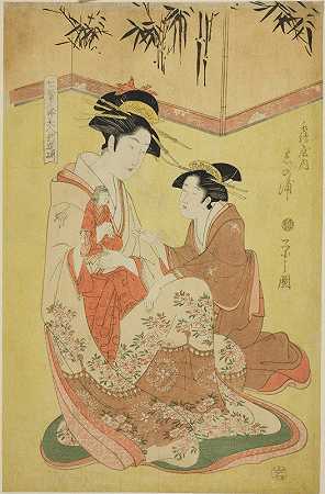模仿七圣贤的美女——年轻妓女精选（Shichi kenjin yatsushi bijin shinzo zoroe）筑屋的Shinoura`Beauties Parodying the Seven Sages – A Selection of Younger Courtesans (Shichi kenjin yatsushi bijin shinzo zoroe); Shinoura of the Tsuruya (1793) by Chōbunsai Eishi
