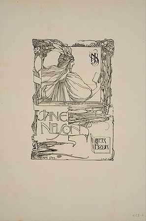 简·纳尔逊的书盘`Book~plate of Jane Nelson (1895) by Harold E. H. Nelson
