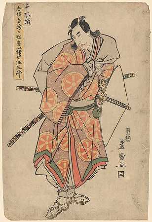 身穿薰衣草、头戴大白帽的武士`Samurai in Lavender with Large White Hat (late 18th century – early 19th century) by Toyokuni Utagawa