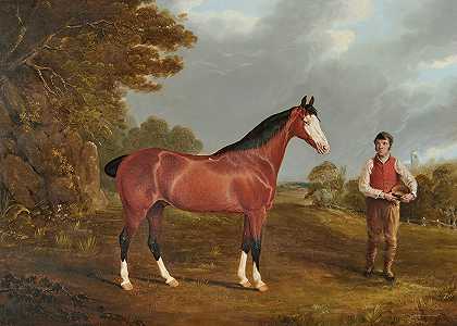 赛马白脸和新郎J.Gilham`The racehorse ;Whiteface with groom J. Gilham by John Frederick Herring Snr.