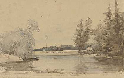 从利德住宅的池塘眺望`Gezicht over de vijver van het Huis te Leede (1827 ~ 1891) by Johannes Bosboom