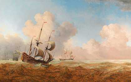 波涛汹涌的海水中的一场英国人与人之间的战争`An English man~o~war in choppy waters by Willem van de Velde the Younger