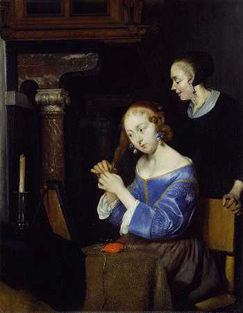 梳头的女士`A Lady dressing her hair (c.1657 ~ c. 1658) by Gerard ter Borch
