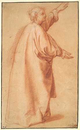 研究一个穿着宽大披风的女人`Study of a woman in a wide mantle (1910) by Abraham Bloemaert