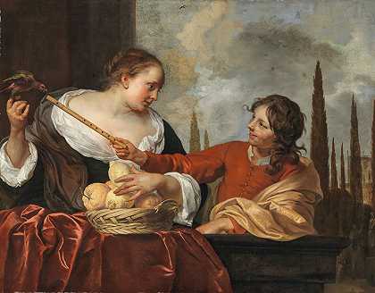 一位女士拿着一只鹦鹉，手里拿着一篮水果，一位年轻人拿着长笛`A lady with a parrot holding a basket of fruit and a young man with a flute by Jacob Van Loo