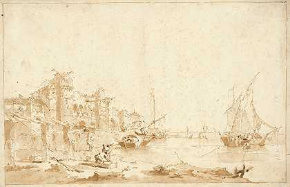想象中的威尼斯环礁湖和城堡`An Imaginary View of a Venetian Lagoon, with a Fortress by the Shore (1750–1755) by the Shore by Francesco Guardi