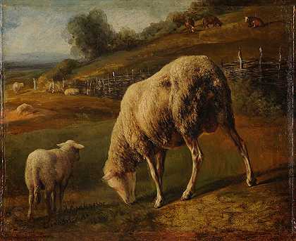 放牧的绵羊`Moutons et brebis au pâturage (1838) by Jacques-Raymond Brascassat