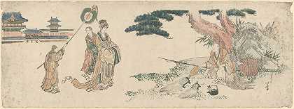老人喂海龟王子和侍从们走近了`Old Man Feeding the Turtles; Princes and Attendants Approaching (late 18th century – early 19th century) by Katsushika Hokusai