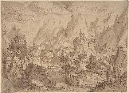 托拜厄斯和天使的山地景观`Mountainous Landscape with Tobias and the Angel (1575–1631) by Tobias Verhaecht