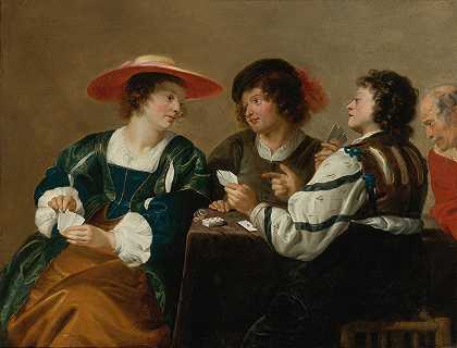 一名女子和三名男子围坐在桌子旁打牌`A woman and three men seated around a table playing cards by Theodoor Rombouts