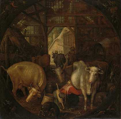 马厩里的奶牛四角的女巫`Cows in a stable; witches in the four corners (1615) by Roelant Savery