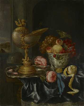 Nautilus杯宴会静物`Banquet Still Life with Nautilus Cup (ca. 1650) by Abraham van Beyeren