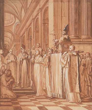 1626年，圣父让·德·拉·巴里埃（Dom Jean de la Barrieère）从罗马被带到他的费耶朗茨修道院，接受他的心意和领袖`Reception of the heart and head of the Blessed Father Dom Jean de la Barrière, brought from Rome to his Abbey of Feuillants in 1626 (1706–07) by Matthieu Elias