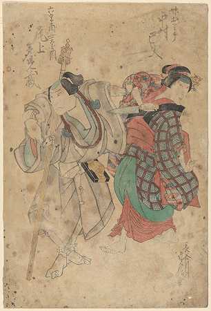 两名演员男拿棍子，女拿匕首`Two Actors; Male with Staff, Female with Dagger (19th century) by Sadahide