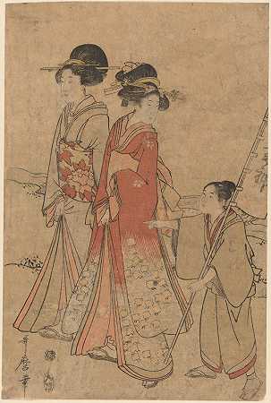 两个女人走路`Two Women Walking by a Stream Directed by Boy (late 18th century – ca. 1806) by a Stream Directed by Boy by Kitagawa Utamaro
