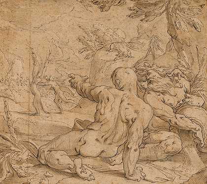 河神看着阿波罗追逐达芙妮`River Gods Watching Apollo Pursuing Daphne (1592) by Abraham Bloemaert