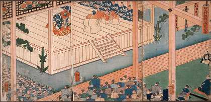 右翼领主Yoritomo将军视察一场特殊的Nō表演`General of the Right Lord Yoritomo inspects a special Nō performance (1863) by Tsukioka Yoshitoshi