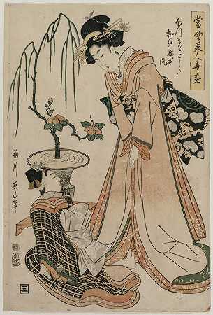 《花儿与现代美人》系列中腰身纤细如柳的等待中的女士`A Lady~in~Waiting with Waist as Slender as a Willow from the series Flowers and Modern Beauties (1807) by Kikukawa Eizan