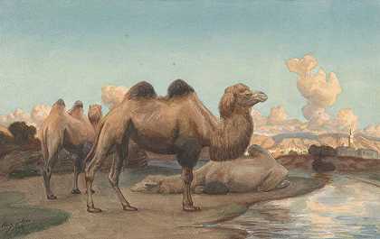 风景中的骆驼`Kamelen in een landschap (1884) by August Le Gras