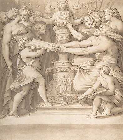 崇拜&雕像的人物麦格纳材料公司`Figures Adoring a Statue of the ;Magna Mater (1585) by Joseph Heintz The Elder