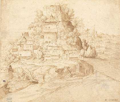 坐落在山脚下的村庄（recto）`A Village Nestled at the Foot of a Hill (recto) (1509~1515) by Circle of Giorgione (Giulio Campagnola)