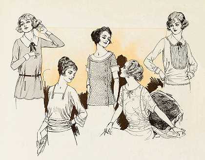 俄罗斯式的收尾让它成为最新的衬衫和最时髦的浴衣之一`The Russian closing makes it appearance among the newest blouses and smartest tub frocks (1921)