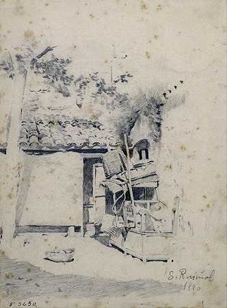 乡村庭院`Rustic Courtyard (1880) by Santiago Rusiñol