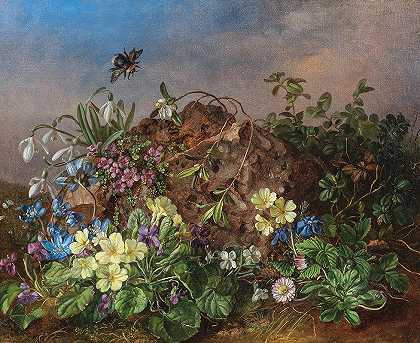 春天的熊蜂花`Spring Flowers with Bumblebee by Theodor Petter