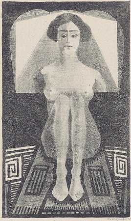 面部可见，裸体坐在几何环境中`Frontaal gezien, zittend naakt in geometrische omgeving by Samuel Jessurun de Mesquita