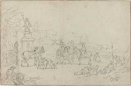 优雅的狩猎派对`An Elegant Hunting Party Resting by a Fountain (1685) by a Fountain by Pieter Bout