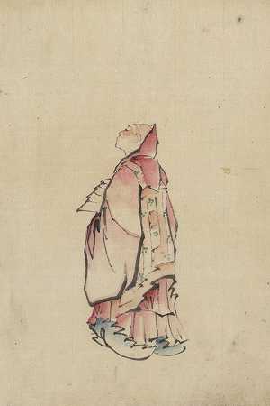 一位僧人的侧景观，全身肖像，面朝左侧，穿着带兜帽的长袍`Side view of a monk, full~length portrait, facing left, wearing gown with hood (1830~1850) by Katsushika Hokusai
