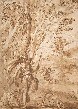 戴安娜女神和她的猎犬站在风景中`The Goddess Diana with Her Hounds Standing in a Landscape by Agostino Tassi
