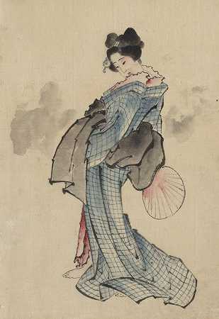 女士，全身肖像，站立，面向左侧，右手拿着扇子，穿着格子图案的和服`Woman, full~length portrait, standing, facing left, holding fan in right hand, wearing kimono with check design (1830~1850) by Katsushika Hokusai