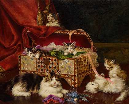 缝纫篮里的小猫`Kittens in Sewing Basket by Jules Leroy