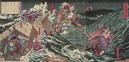Iyo省省长Minamoto Yoshitsune跳过八艘船`Minamoto Yoshitsune, Governor of Iyo, Leaping across Eight Boats (1879) by Kobayashi Kiyochika