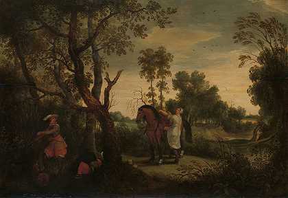 一名女子骑上了强盗的马，名为“De Gestraft Rover”`A Woman Mounts her Robber’s Horse, Known as ‘De Gestrafte Rover’ (c. 1635) by Sebastian Vrancx