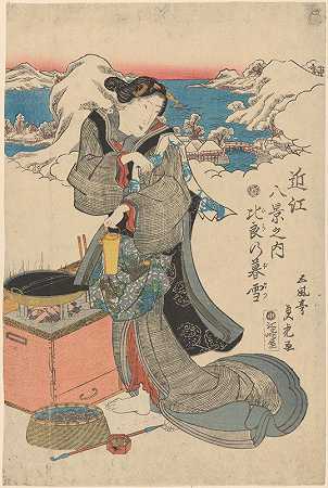 雪景[前景中准备茶的女人]`Snow Scene [woman preparing tea in foreground] (19th century) by Sadahide