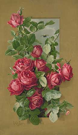 透过窗户生长的红玫瑰`Red roses growing through a window (1896) by Paul de Longpre