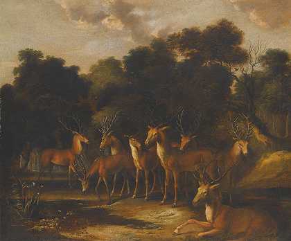 站在水坑空地上的鹿`Deer Standing In A Clearing At A Waterhole (early 18th Century) by French School