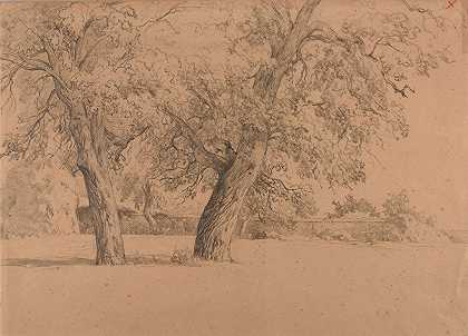 有两棵树的围栏`Enclos avec deux arbres by Jacques-Raymond Brascassat