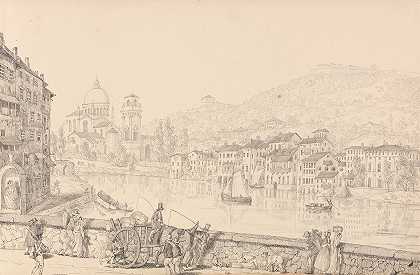 维罗纳市和圣乔治教堂在桥的左边`City of Verona and Church of San Giorgia looking to the left on the Bridge (1840) by Sir Charles D&;Oyly