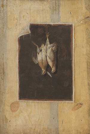 Trompe L厄尔。墙上挂着两只死鸟的静物板隔断`Trompe Loeil. Board Partition With A Still Life Of Two Dead Birds Hanging On A Wall (1670 – 1674) by Cornelius Norbertus Gijsbrechts