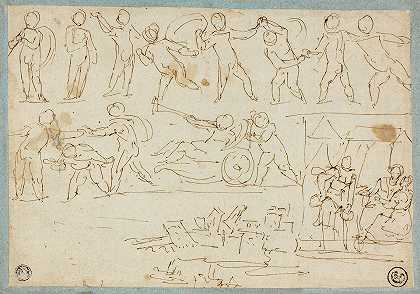 普蒂雕带，罗得和他的女儿们的素描，建筑素描`Frieze of Putti, Sketch of Lot and His Daughters, Sketch of Buildings by Agostino Carracci