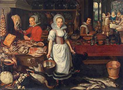 厨房场景，寓言富人和穷人拉撒路`Kitchen Scene with the Parable of the Rich Man and Poor Lazarus (1610 ~ 1620) by Pieter Cornelisz. van Rijck