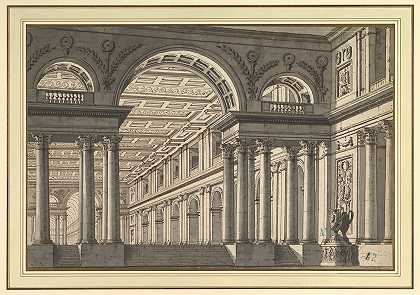 舞台布景设计带有凯旋门图案的古典拱廊画廊`Design for a Stage Set; Classical Arcaded Gallery with Triumphal Arch Motif (1757–1839) by Paolo Landriani