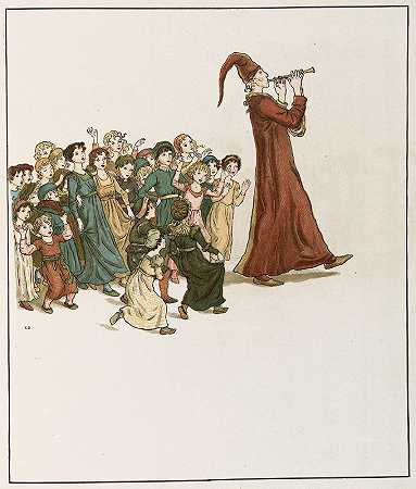 哈梅林35号教堂的彩笛手`The Pied Piper of Hamelin Pl 35 (1910) by Kate Greenaway