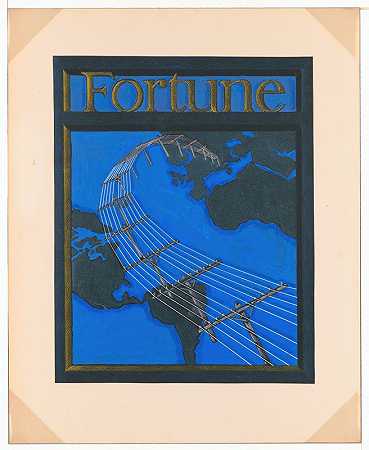 《财富》杂志的平面设计。][研究覆盖全球的电话线`Graphic designs for Fortune magazine.] [Study for cover with telephone lines spanning the globe (1930) by Winold Reiss