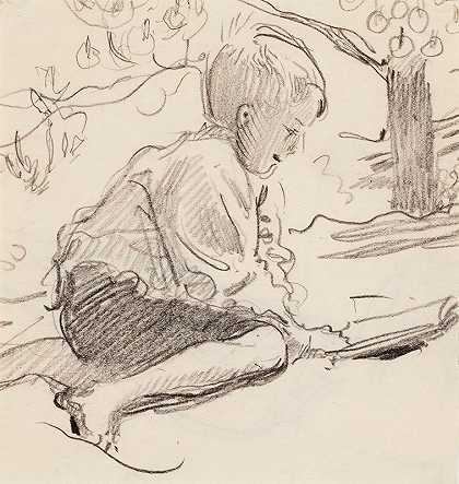男孩在户外读书`Boy Reading Outdoors by Venny Soldan-Brofeldt