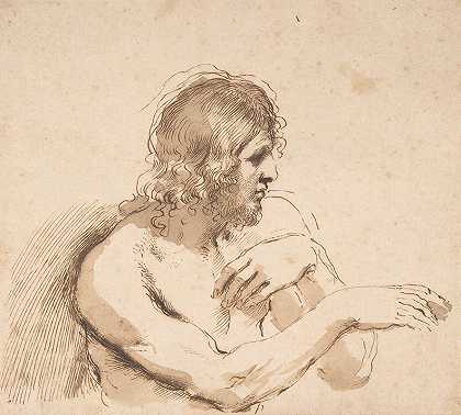 一个裸体男子的半身像，面朝右侧`Half~Figure of a Nude Man Facing Right (1640\’s) by Guercino